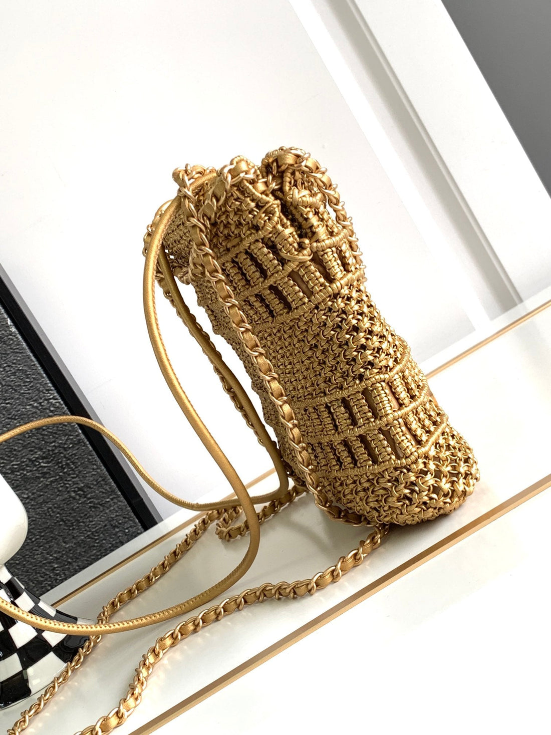 CC Mini 22 Bag 23CM Gold Woven Cowhide Bag