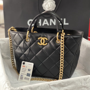 CC 2WAY Chain Shoulder Tote Bag Black Leather