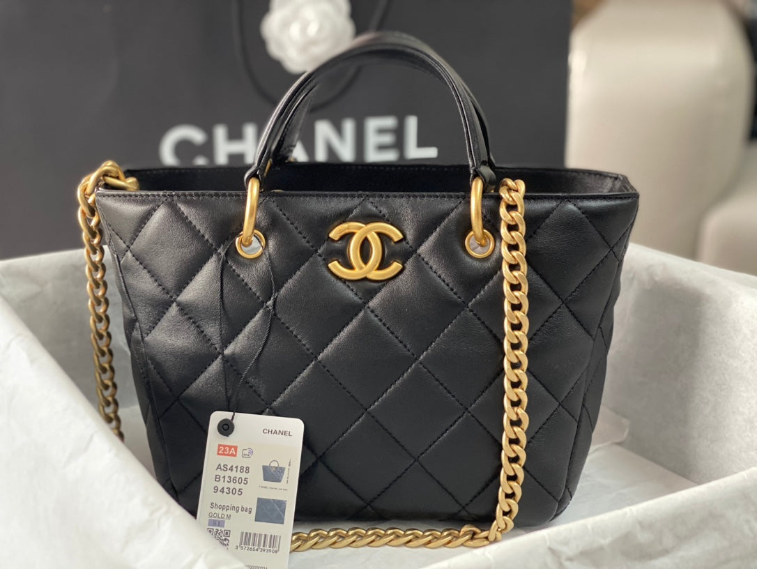 CC 2WAY Chain Shoulder Tote Bag Black Leather