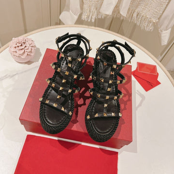 Rockstud Ankle Strap Wedge Sandal Calfskin Black 10CM