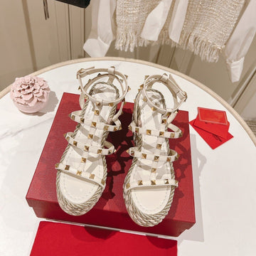 Rockstud Ankle Strap Wedge Sandal Calfskin White 10CM