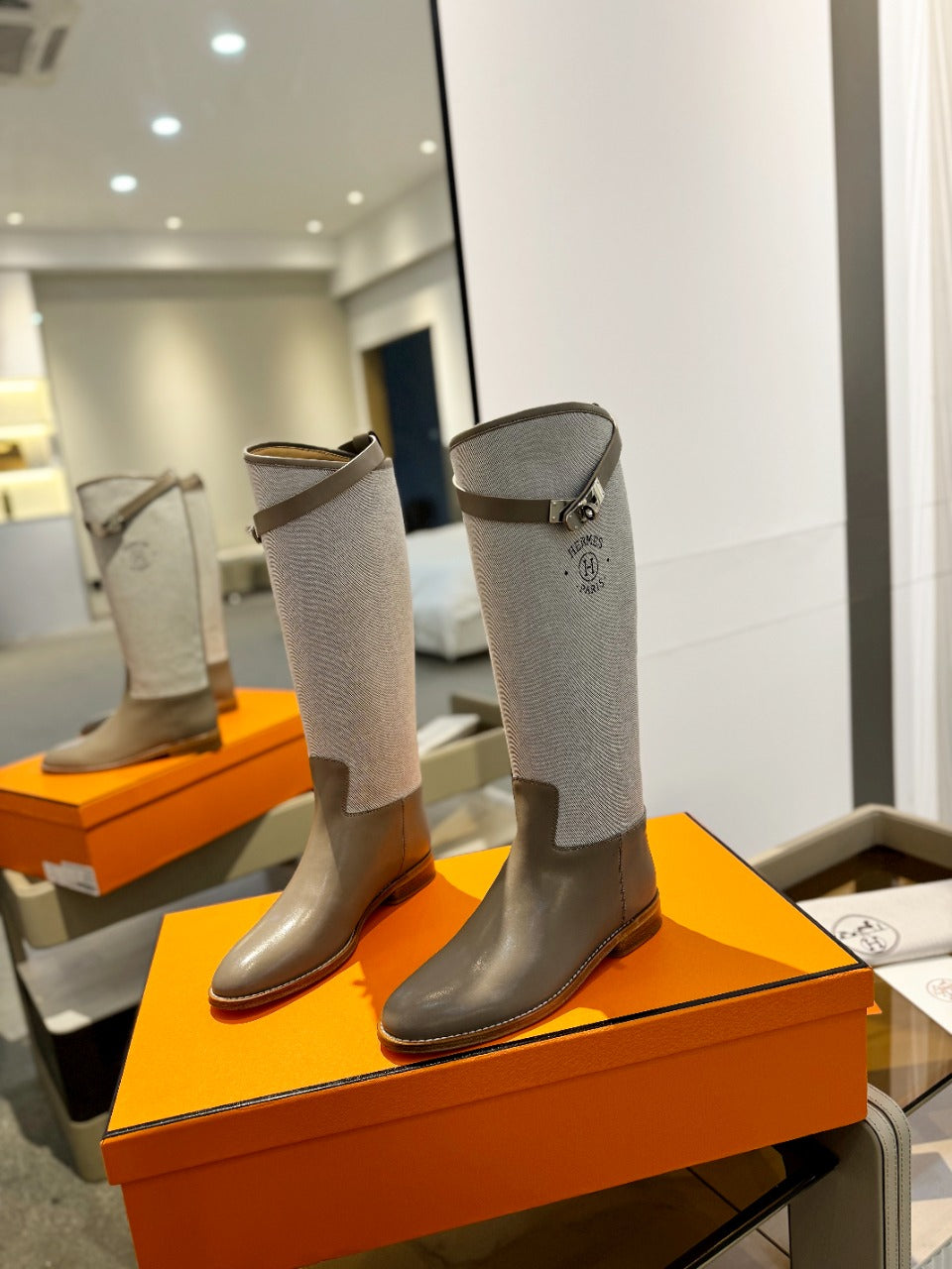 Hm Jumping Boot 20MM Beige Light Brown Mix Grey White Cowhide And Tech Fabric 961655