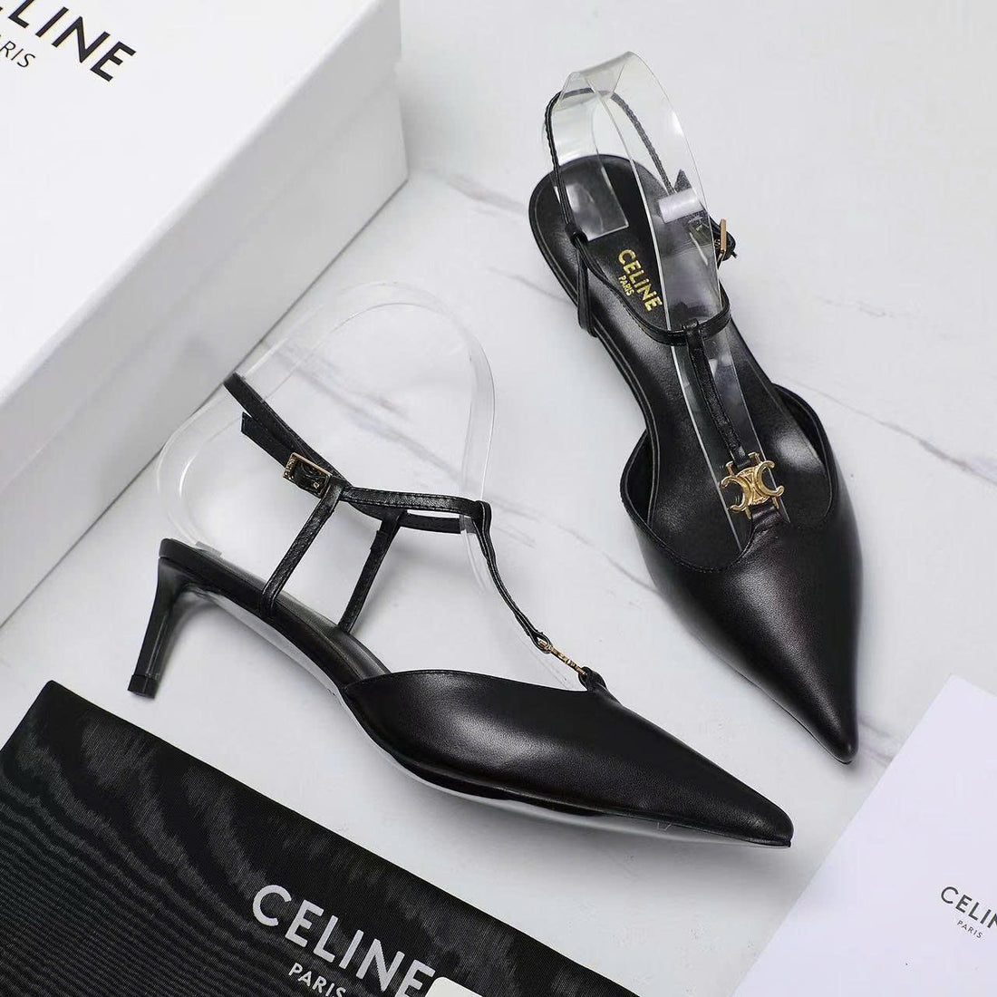 Cel High Heel 5CM Slingbacks In Black Gold Logo Calfskin