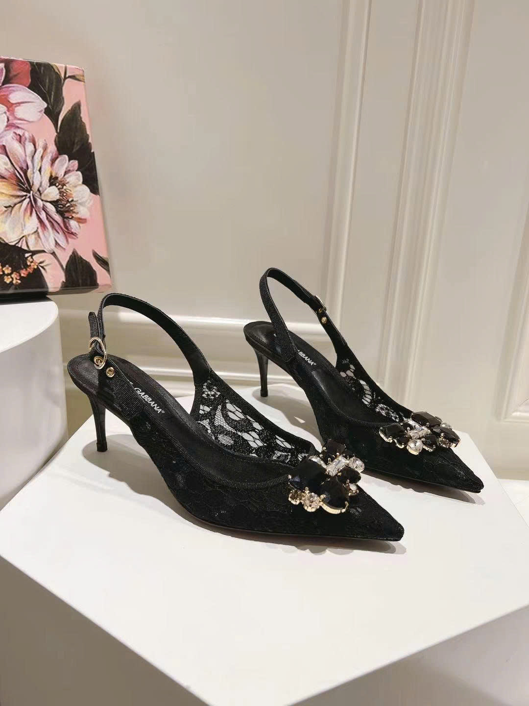 D&G High Heel Slingback Pumps Rhinestones In Black Lurex Lace