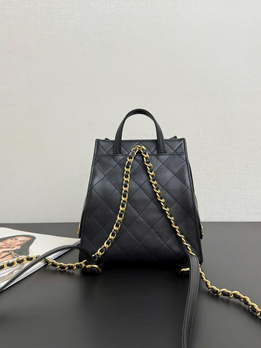 CC 25B Backpack 23CM In Black And Gold Caviar