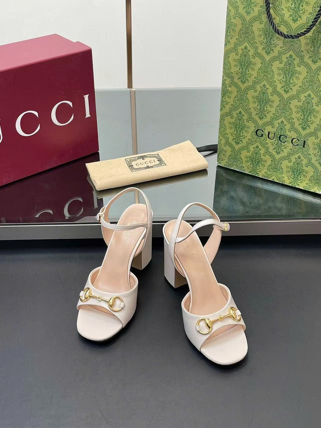 GG Horsebit High Heel Sandals In White Cowhide