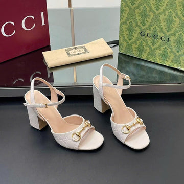 GG Horsebit High Heel Sandals Embossed Logo In White Cowhide