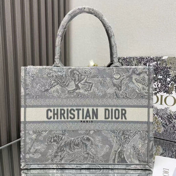 Medium CD Book Tote 36CM Silver Gray Embroidered Tiger